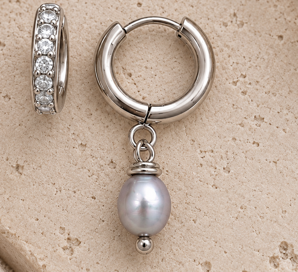 Duo Perle grise ~ boucles d’oreilles